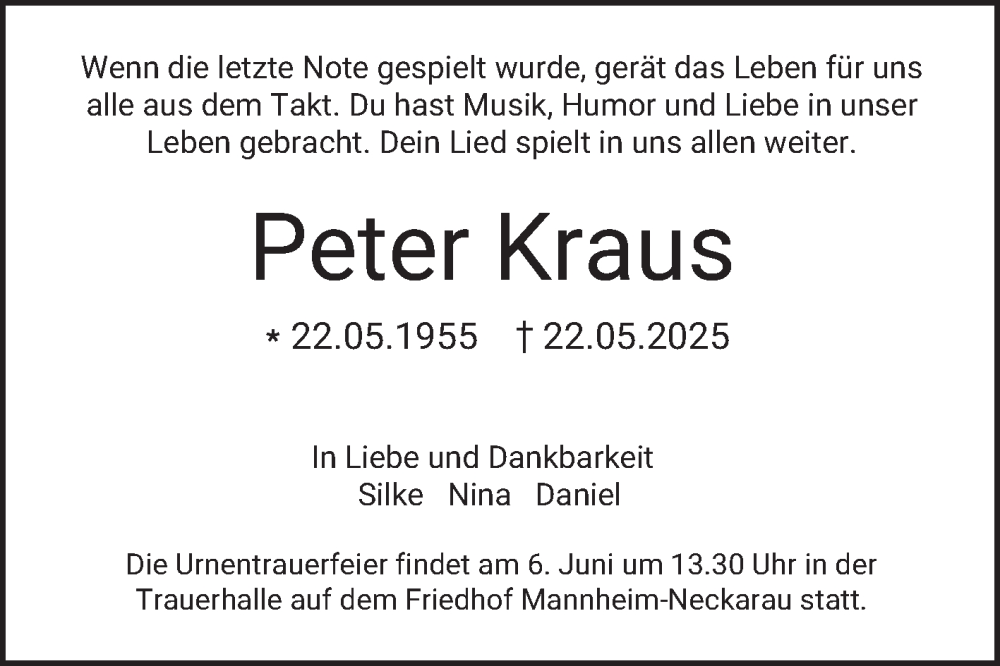  Traueranzeige für Peter Kraus vom 31.05.2025 aus Mannheimer Morgen