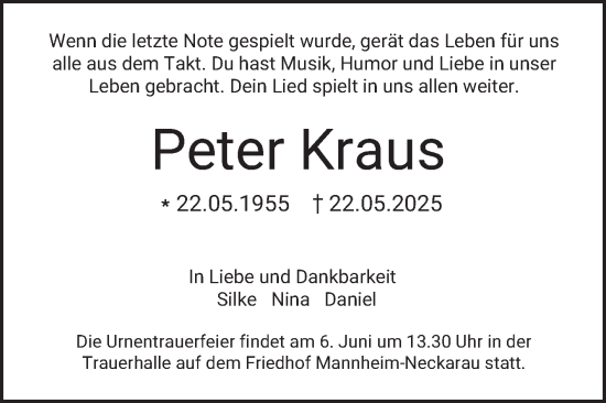 Traueranzeige von Peter Kraus von Mannheimer Morgen