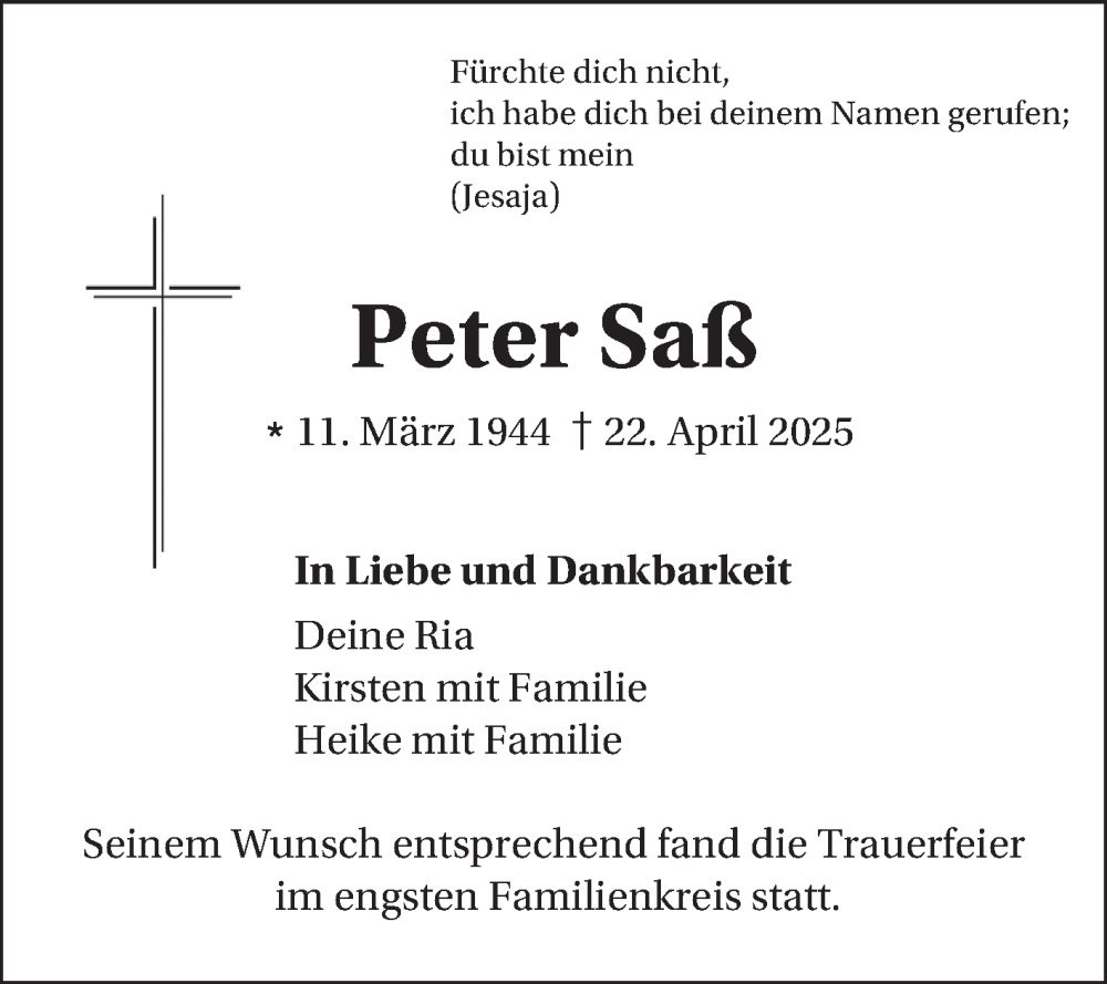  Traueranzeige für Peter Saß vom 10.05.2025 aus Schwetzinger Zeitung