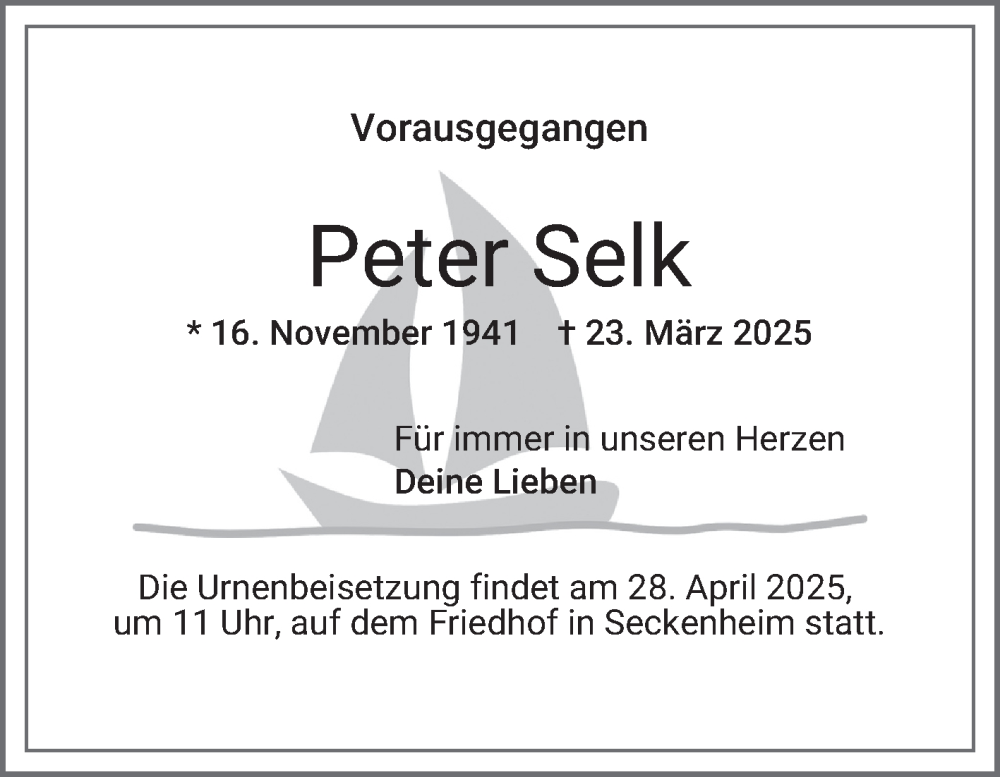  Traueranzeige für Peter Selk vom 19.04.2025 aus Mannheimer Morgen