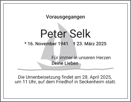 Traueranzeige von Peter Selk von Mannheimer Morgen