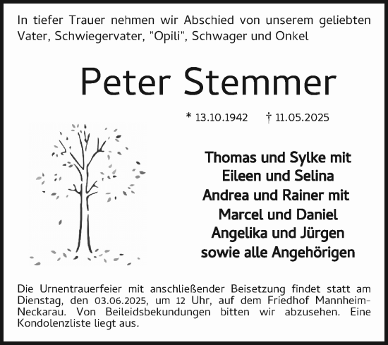 Traueranzeige von Peter Stemmer von Mannheimer Morgen