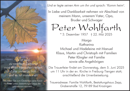 Traueranzeige von Peter Wohlfarth von Fränkische Nachrichten
