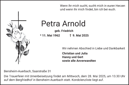 Traueranzeige von Petra Arnold von Bergsträßer Anzeiger
