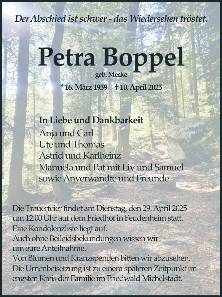  Traueranzeige für Petra Boppel vom 19.04.2025 aus Mannheimer Morgen