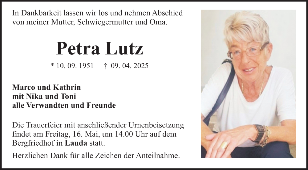  Traueranzeige für Petra Lutz vom 10.05.2025 aus Fränkische Nachrichten