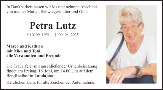 Traueranzeige von Petra Lutz von Fränkische Nachrichten
