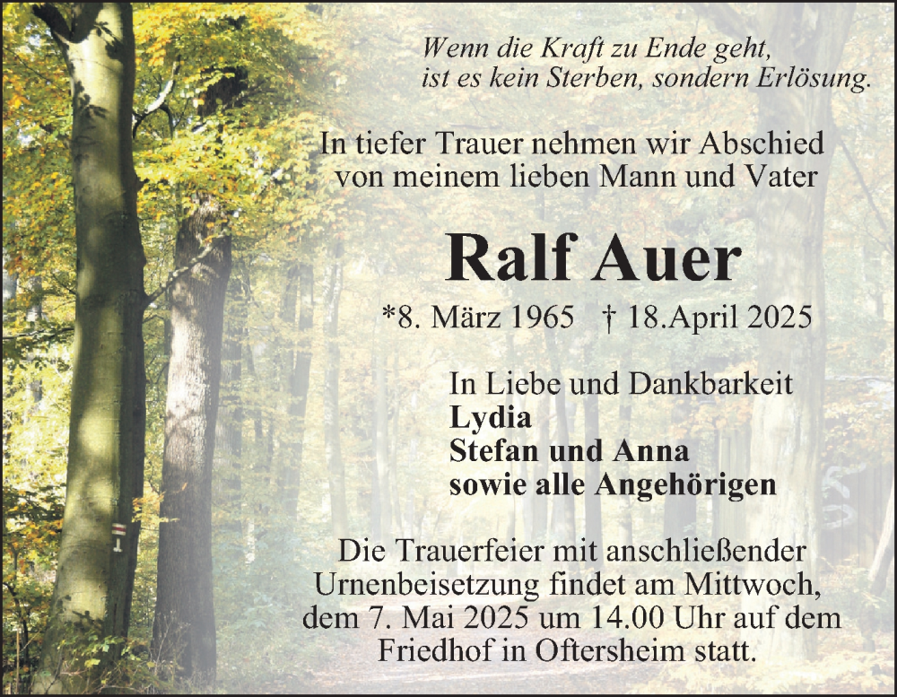  Traueranzeige für Ralf Auer vom 03.05.2025 aus Schwetzinger Zeitung