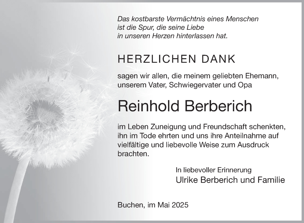  Traueranzeige für Reinhold Berberich vom 31.05.2025 aus Fränkische Nachrichten
