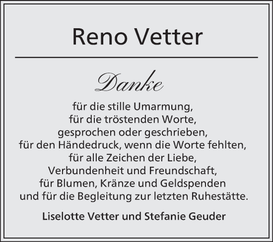 Traueranzeige von Reno Vetter von Schwetzinger Zeitung