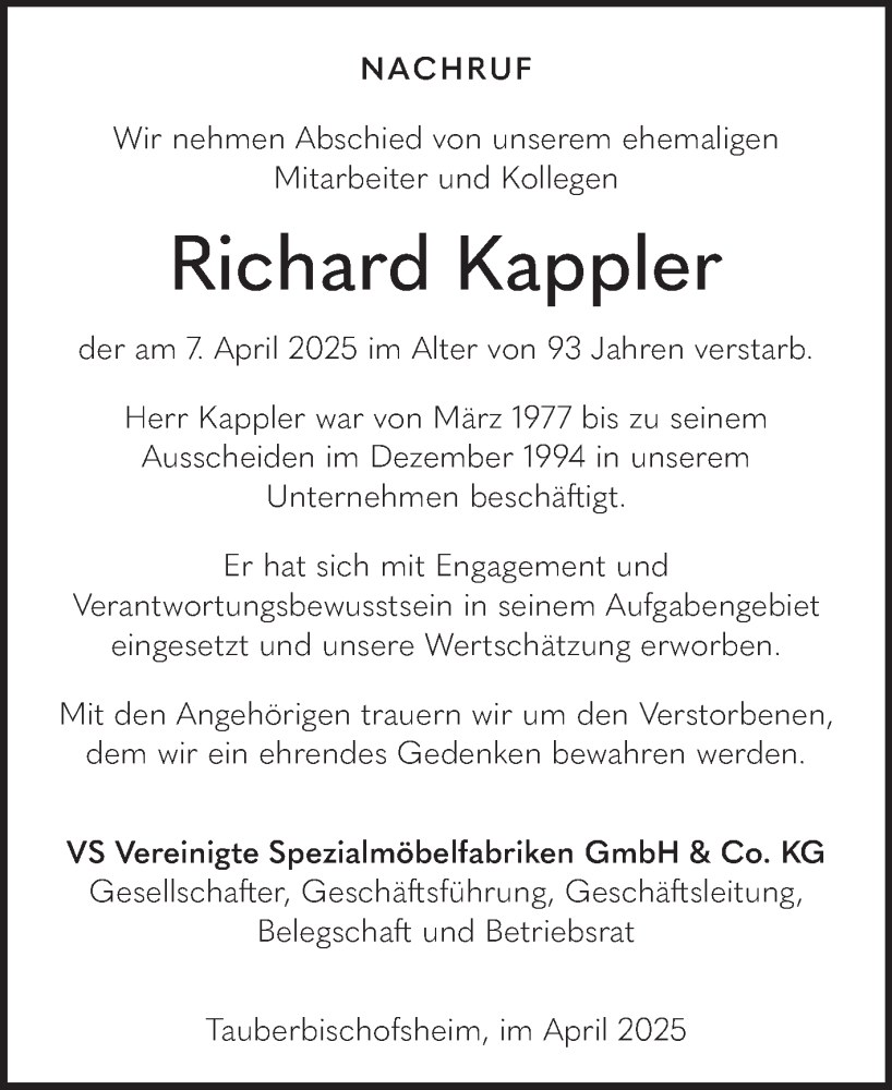  Traueranzeige für Richard Kappler vom 19.04.2025 aus Fränkische Nachrichten