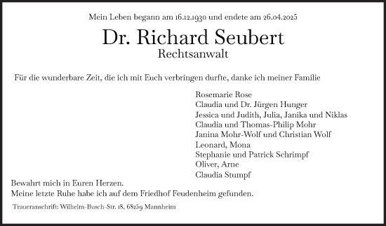 Traueranzeige von Richard Seubert von Mannheimer Morgen