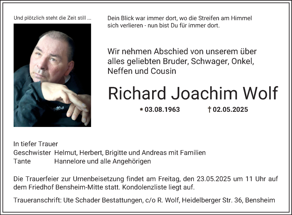  Traueranzeige für Richard  Wolf vom 17.05.2025 aus Bergsträßer Anzeiger