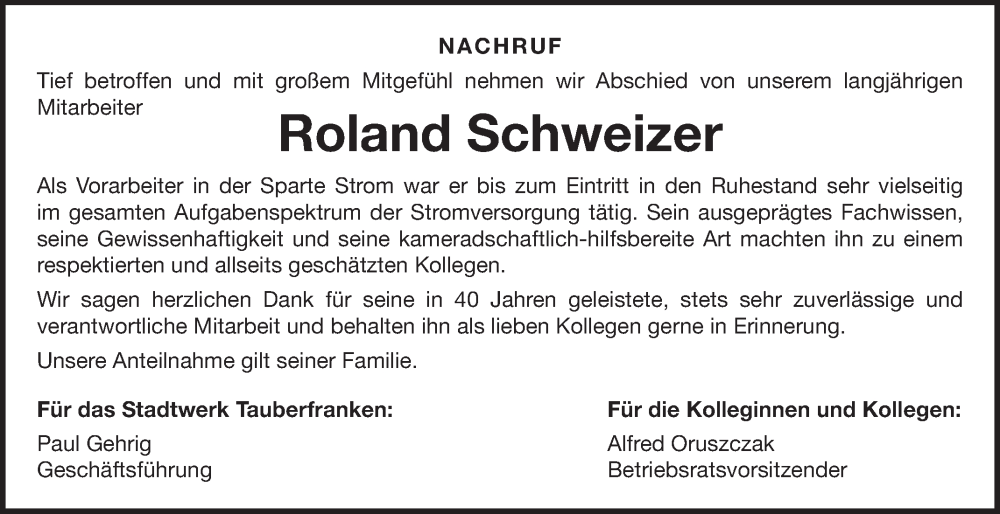  Traueranzeige für Roland Schweizer vom 16.05.2025 aus Fränkische Nachrichten