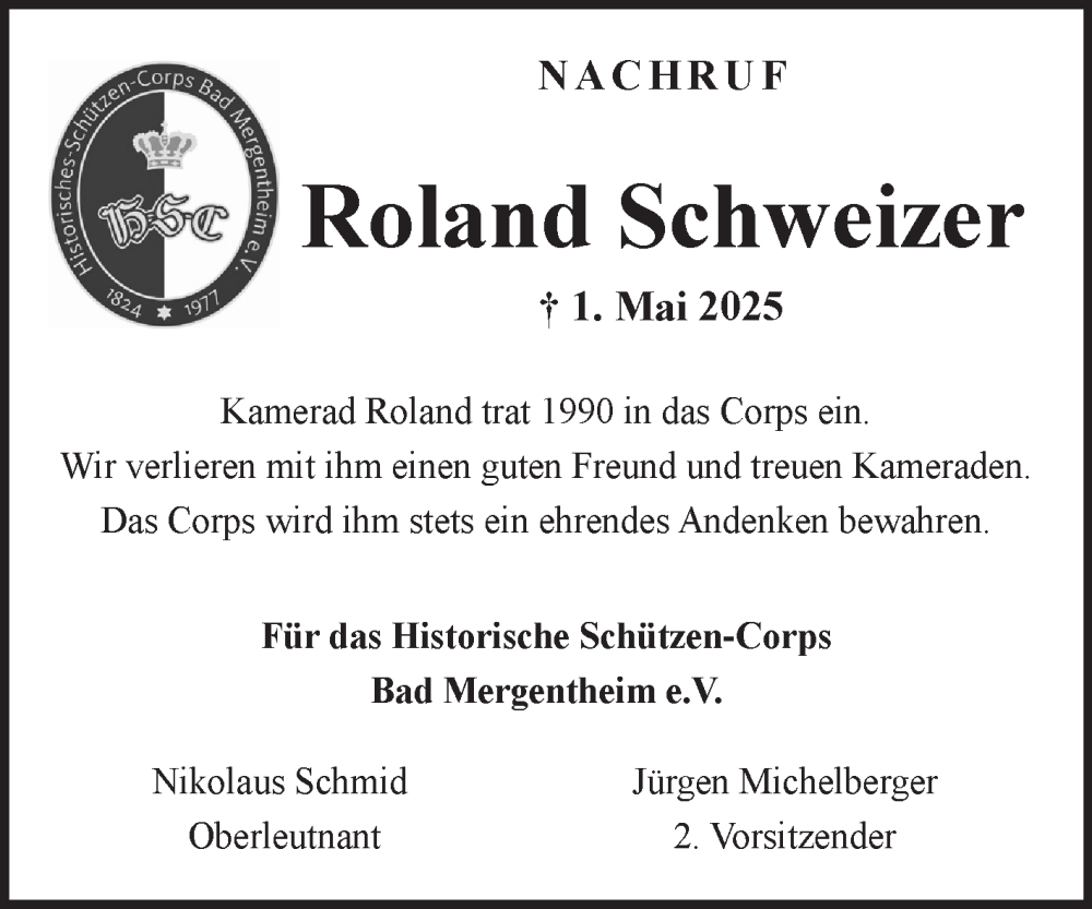  Traueranzeige für Roland Schweizer vom 17.05.2025 aus Fränkische Nachrichten
