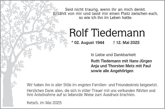 Traueranzeige von Rolf Tiedemann von Schwetzinger Zeitung