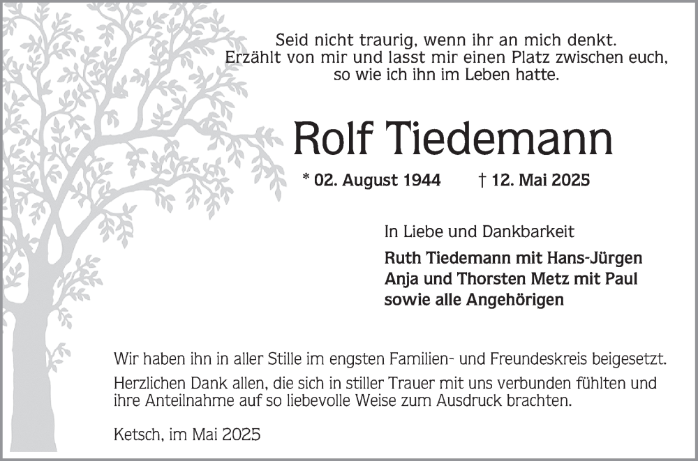  Traueranzeige für Rolf Tiedemann vom 31.05.2025 aus Schwetzinger Zeitung