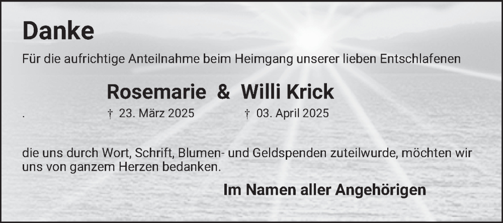  Traueranzeige für Rosemarie Krick vom 07.05.2025 aus Bergsträßer Anzeiger