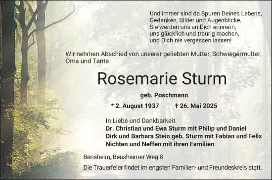 Traueranzeige von Rosemarie Sturm von Bergsträßer Anzeiger