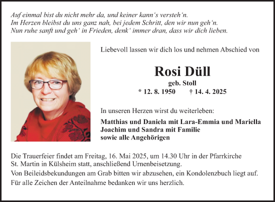 Traueranzeige von Rosi Düll von Fränkische Nachrichten