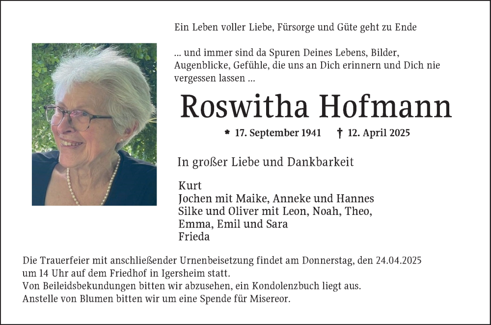  Traueranzeige für Roswitha Hofmann vom 19.04.2025 aus Fränkische Nachrichten