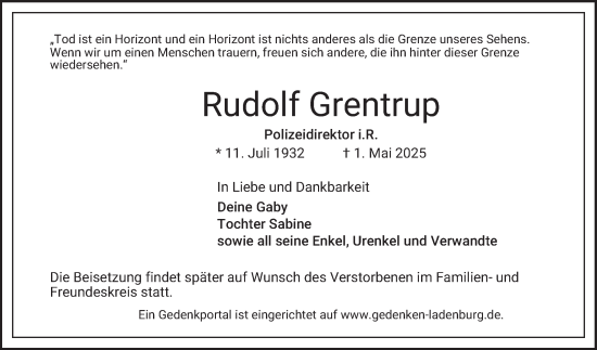 Traueranzeige von Rudolf Grentrup von Mannheimer Morgen