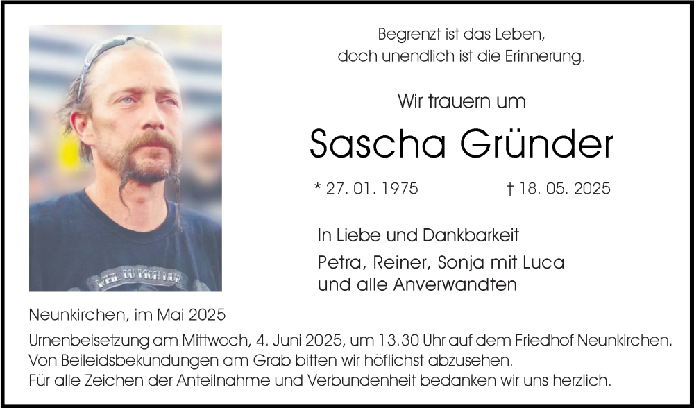  Traueranzeige für Sascha Gründer vom 30.05.2025 aus Fränkische Nachrichten