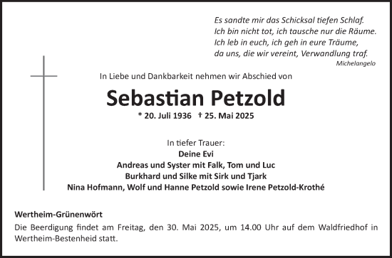Traueranzeige von Sebastian Petzold von Fränkische Nachrichten