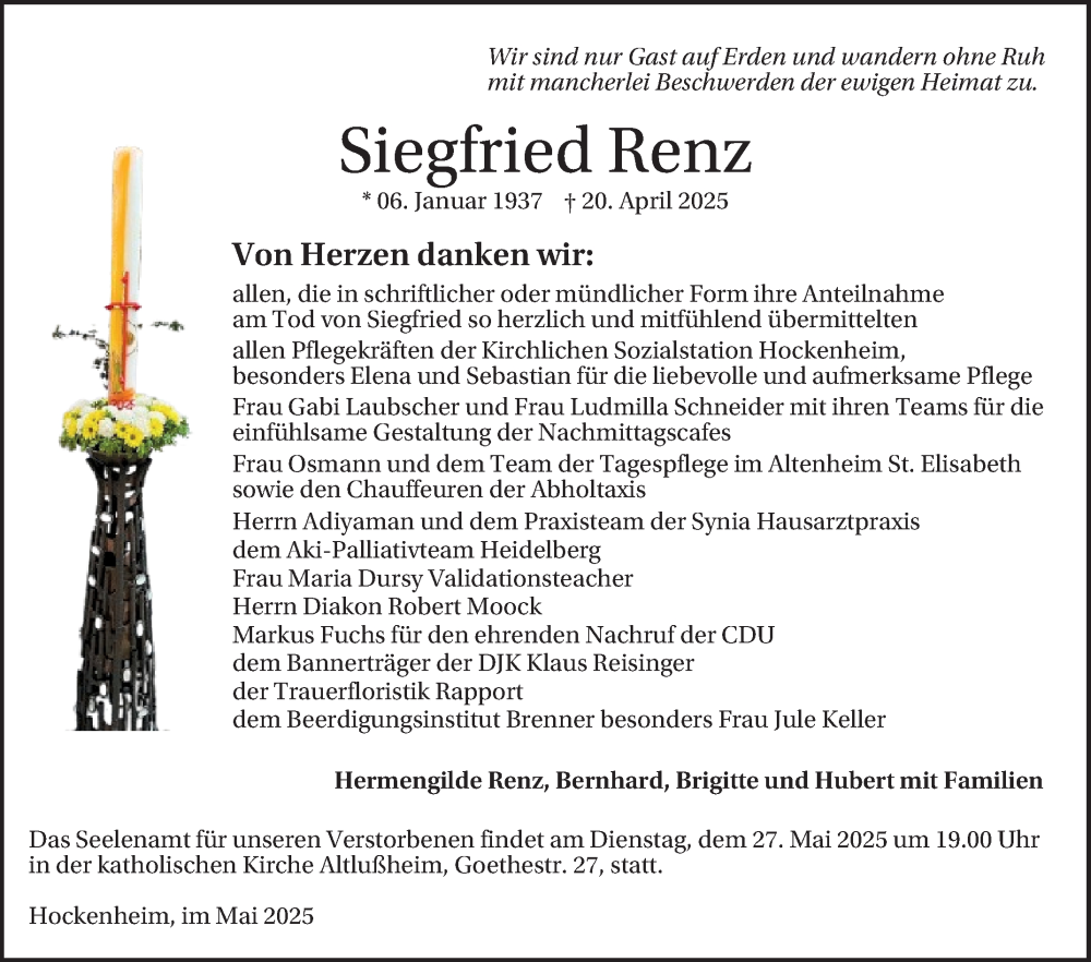  Traueranzeige für Siegfried Renz vom 10.05.2025 aus Schwetzinger Zeitung