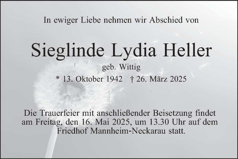  Traueranzeige für Sieglinde Lydia Heller vom 03.05.2025 aus Mannheimer Morgen