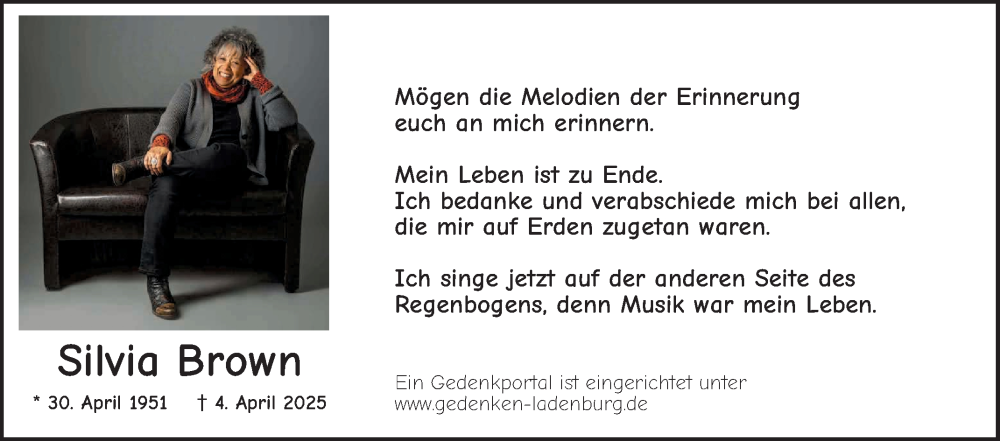  Traueranzeige für Silvia Brown vom 03.05.2025 aus Mannheimer Morgen