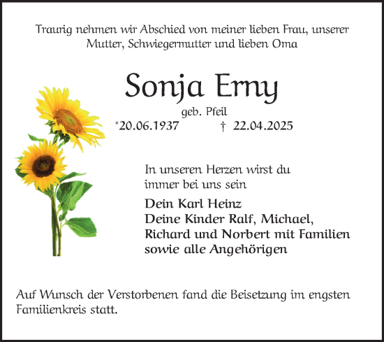 Traueranzeige von Sonja Erny von Mannheimer Morgen
