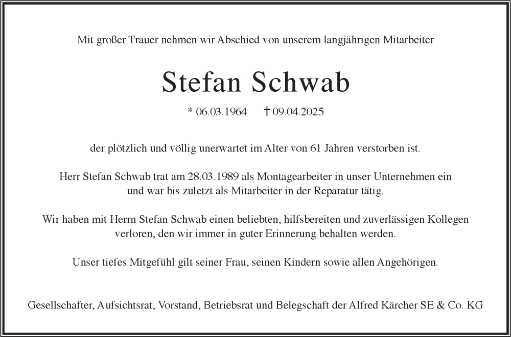  Traueranzeige für Stefan Schwab vom 19.04.2025 aus Fränkische Nachrichten