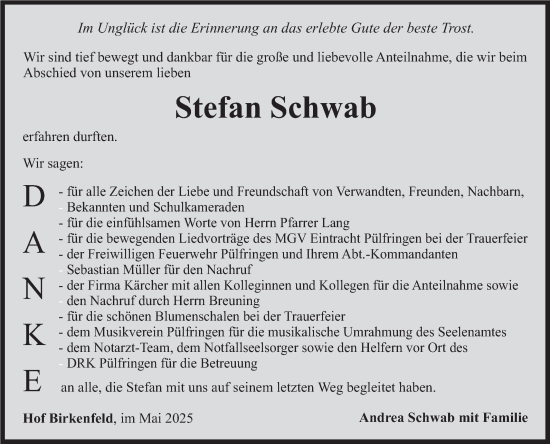 Traueranzeige von Stefan Schwab von Fränkische Nachrichten