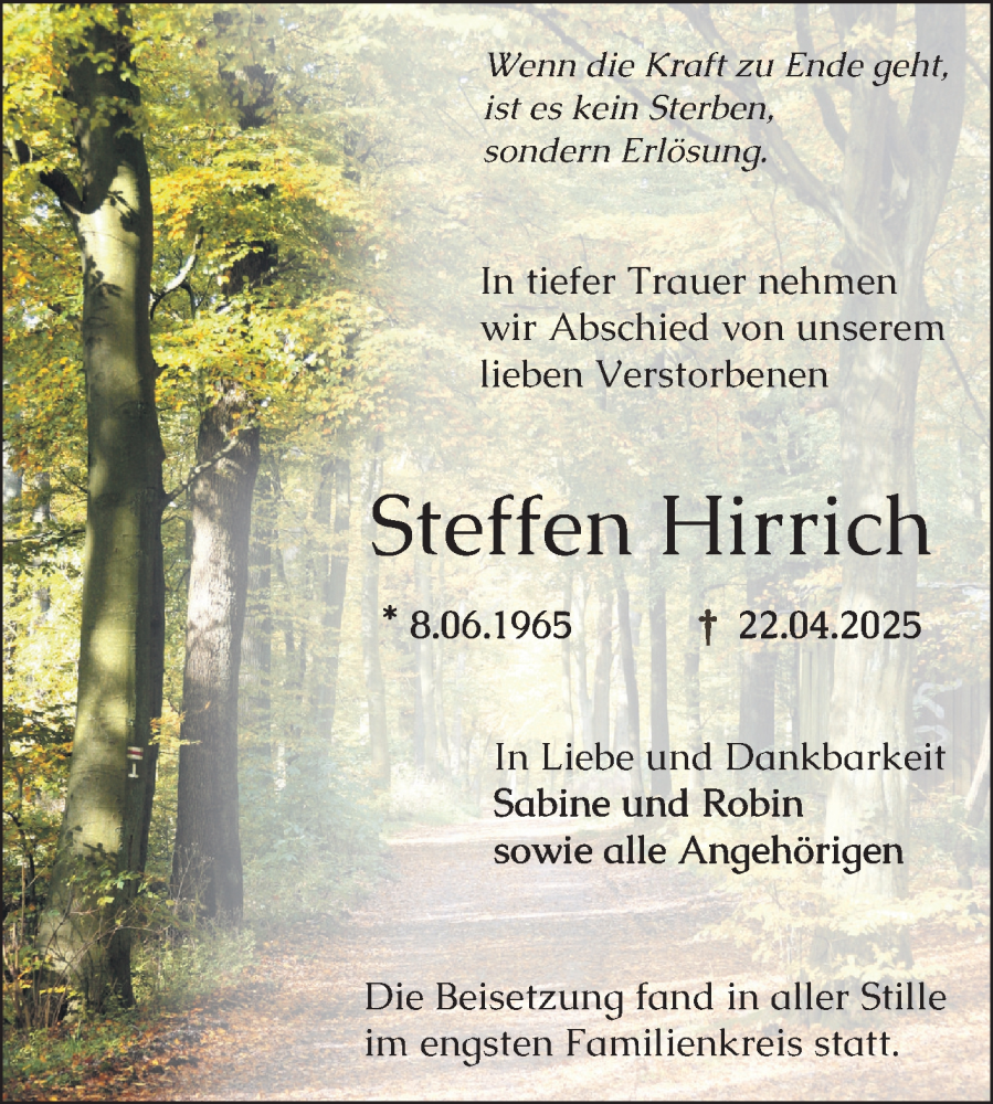  Traueranzeige für Steffen Hirrich vom 10.05.2025 aus Bergsträßer Anzeiger
