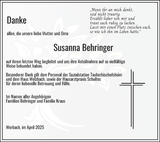 Traueranzeige von Susanna Behringer von Fränkische Nachrichten