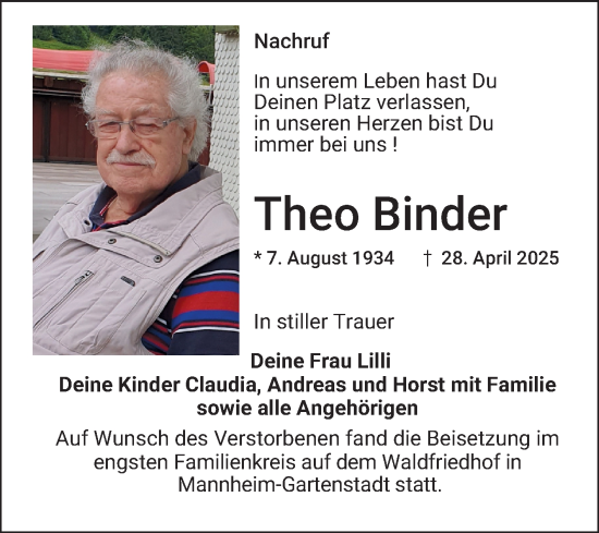 Traueranzeige von Theo Binder von Mannheimer Morgen