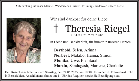 Traueranzeige von Theresia Riegel von Fränkische Nachrichten