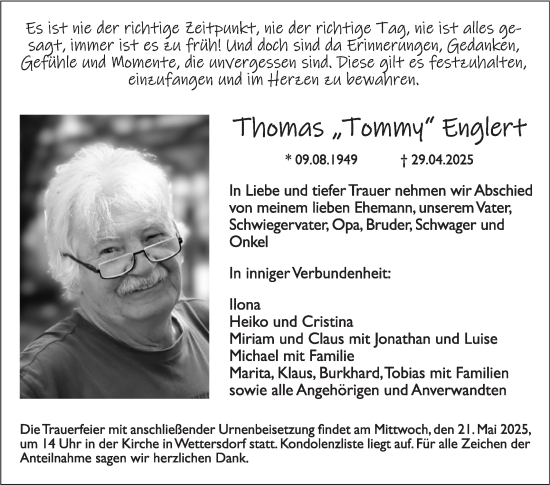 Traueranzeige von Thomas Englert von Fränkische Nachrichten