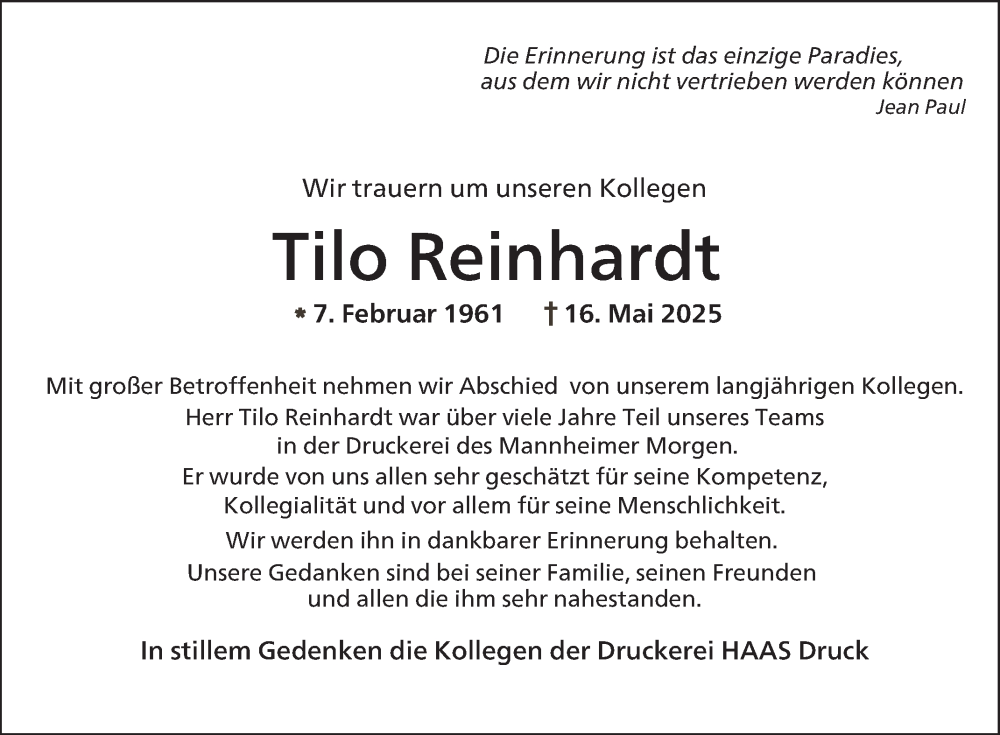  Traueranzeige für Tilo Reinhardt vom 24.05.2025 aus Mannheimer Morgen