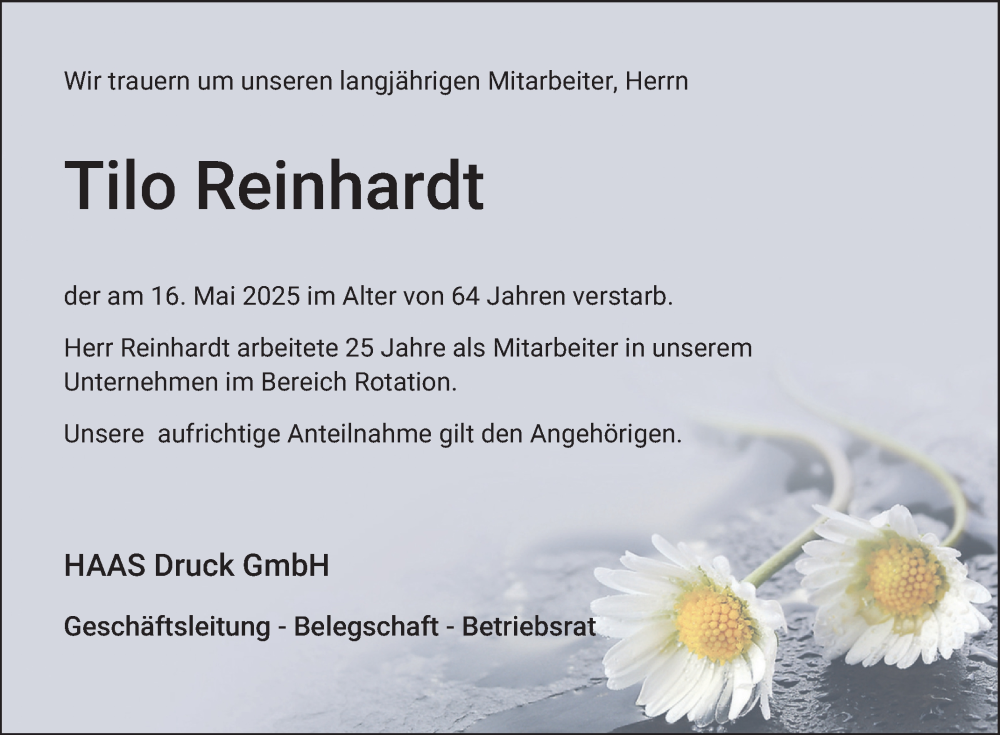  Traueranzeige für Tilo Reinhardt vom 24.05.2025 aus Mannheimer Morgen