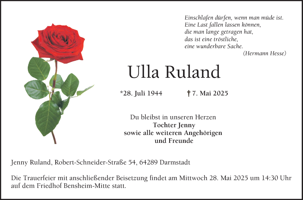  Traueranzeige für Ulla Ruland vom 24.05.2025 aus Bergsträßer Anzeiger
