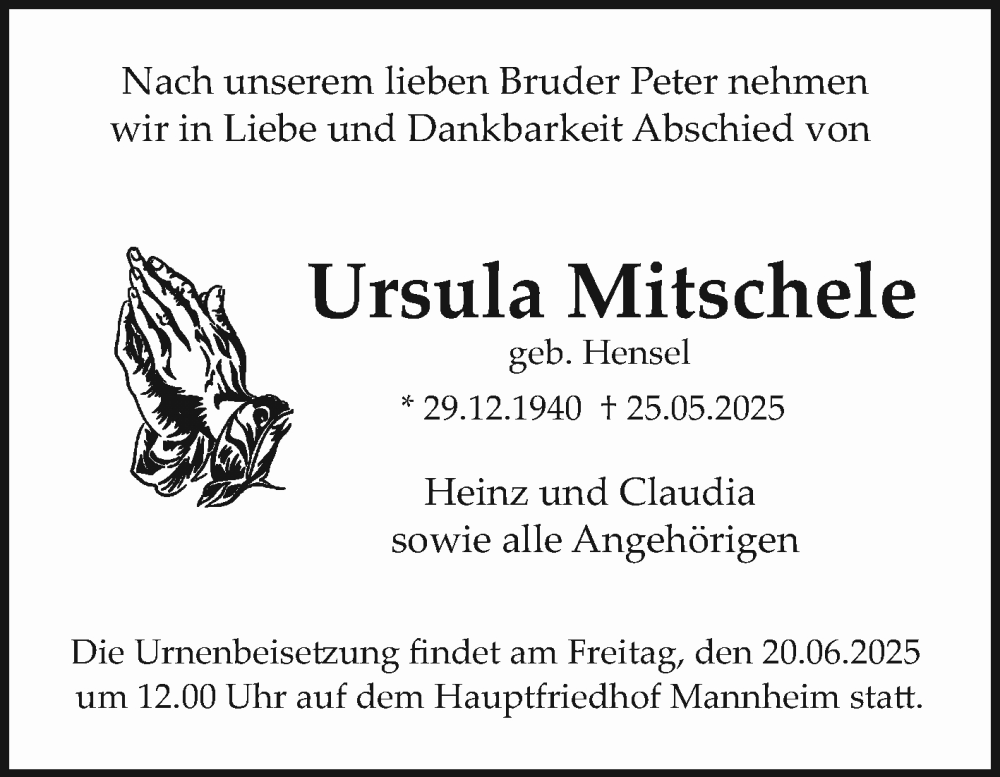  Traueranzeige für Ursula Mitschele vom 31.05.2025 aus Mannheimer Morgen