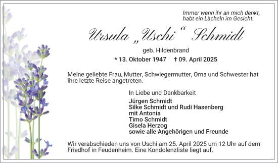 Traueranzeige von Ursula Schmidt von Mannheimer Morgen