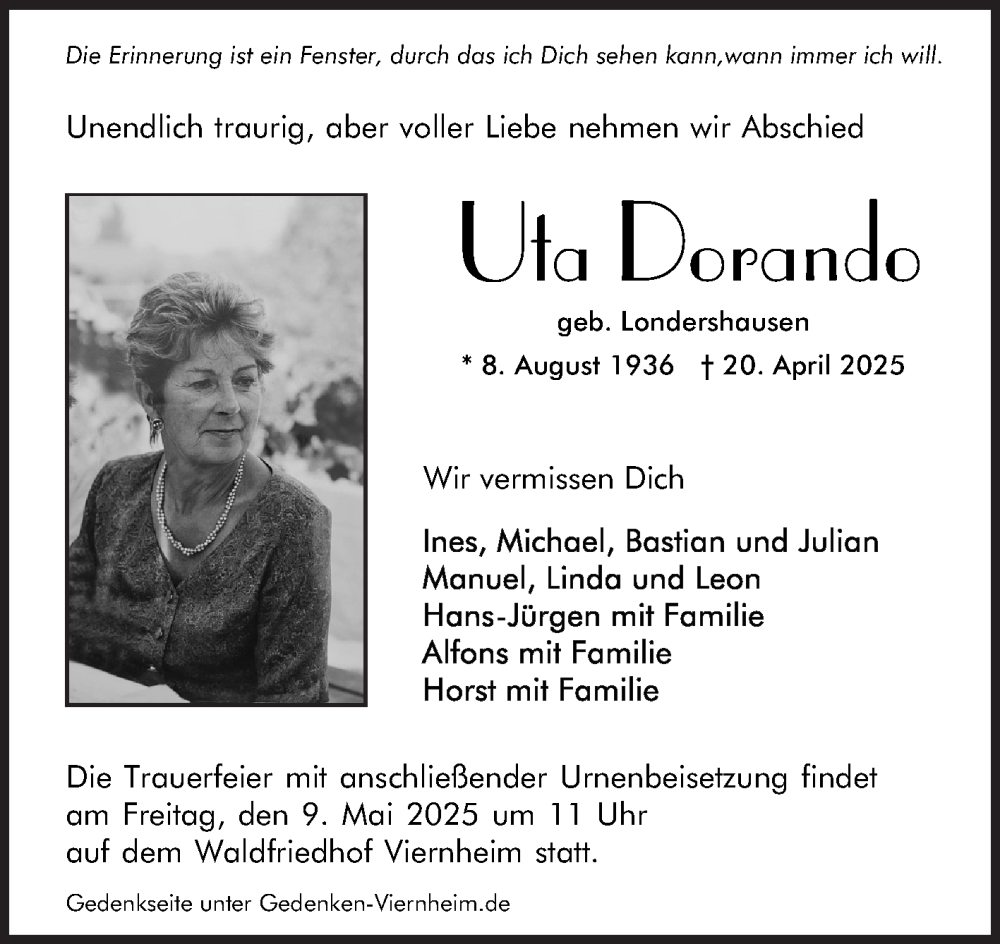  Traueranzeige für Uta Dorando vom 03.05.2025 aus Mannheimer Morgen