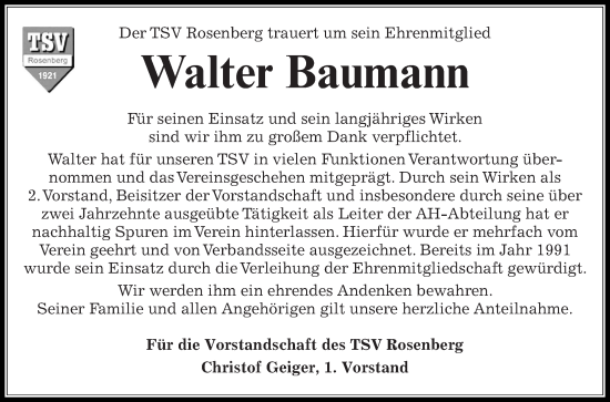 Traueranzeige von Walter Baumann von Fränkische Nachrichten