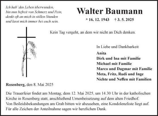 Traueranzeige von Walter Baumann von Fränkische Nachrichten