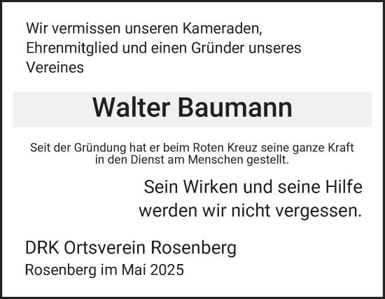 Traueranzeige von Walter Baumann von Fränkische Nachrichten