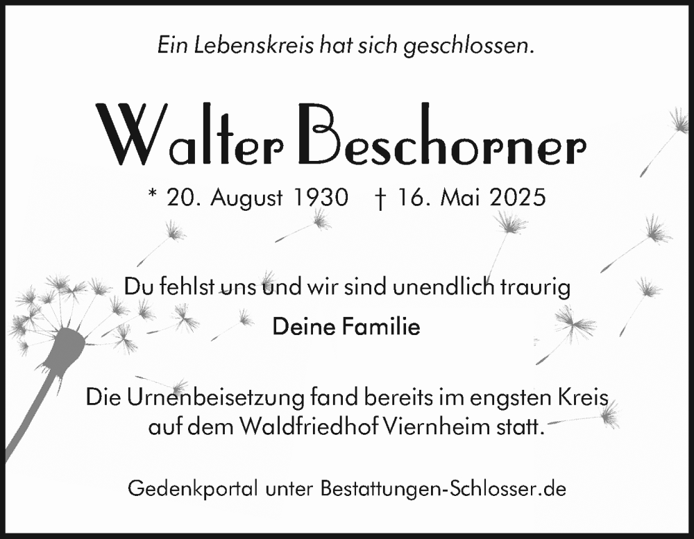  Traueranzeige für Walter Beschorner vom 24.05.2025 aus Mannheimer Morgen