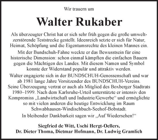 Traueranzeige von Walter Rukaber von Fränkische Nachrichten